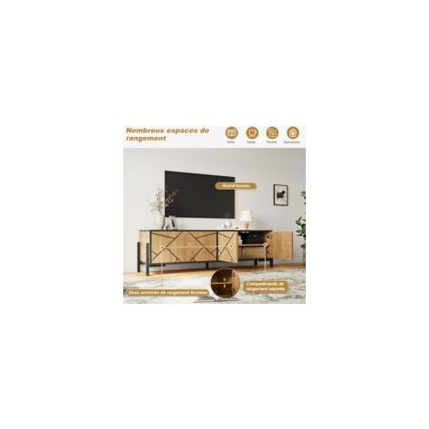 Meuble TV, 153 x 40 x 50 cm, meuble bas, support TV avec 4 portes, pour les téléviseurs d'environ 65 pouces, couleur bois naturel avec lignes noires (1/4)
