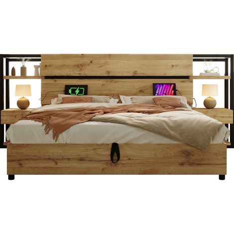 Lit double 180x200 cm avec rangement, niches de tête de lit, ports USB et USB-C, cadre MDF et métal, bois clair, CHICFURN (1/5)