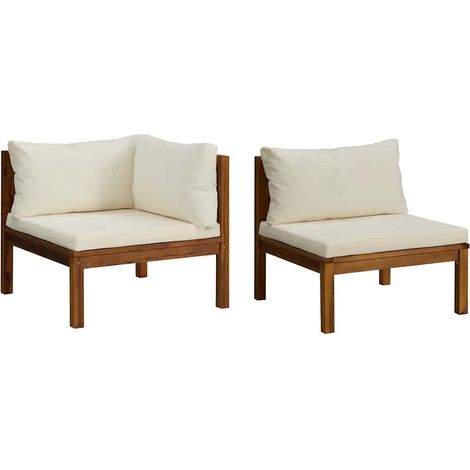 Ensemble de canapés 2 pcs Salon de jardin et coussins blanc crème Acacia solide (1/5)