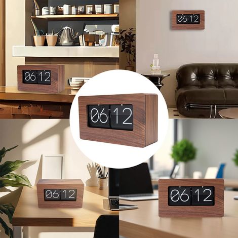 Orologio da tavolo automatico vintage con funzione flip - Modello retrò 24 ore, PVC color noce nero, 216x129x73 mm, batterie tipo C (1/4)