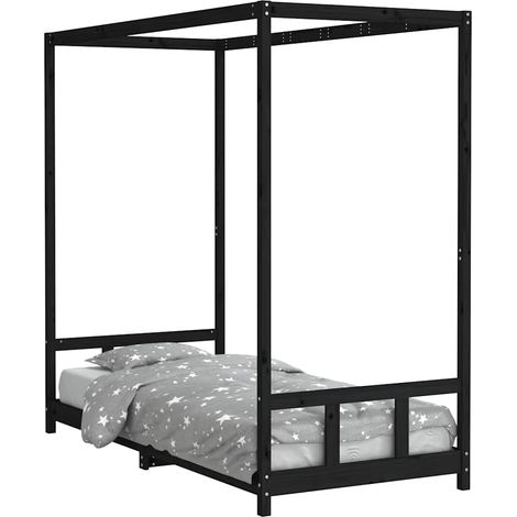 Lit simple Cadre de lit pour enfants noir 90x200 cm bois de pin massif (1/5)