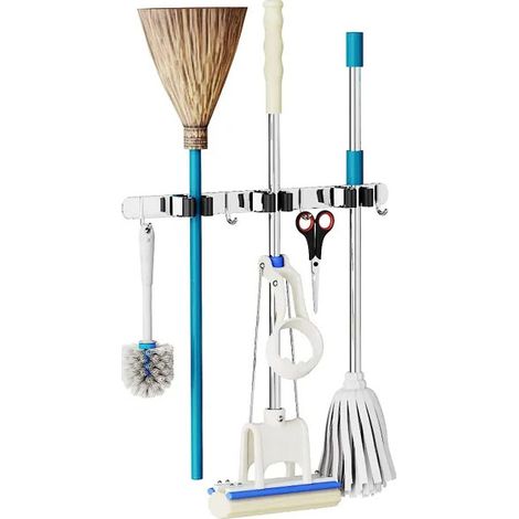 Porte balai mural en inox pour outils de jardin, 3 fentes et 4 crochets, support de rangement robuste pour balais, serpillières et accessoires (1/5)