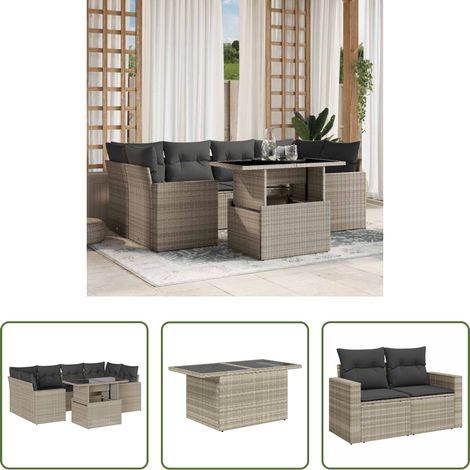 vidaXL Set de sofás de jardín 7 pzas con cojines ratán PE gris claro (1/5)