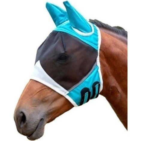 Masque anti-mouches pour cheval, respirant, extensible pour grands yeux, anti-moustiques et insectes avec oreilles, masque équestre respirant pour chevaux (taille S, bleu) (1/5)