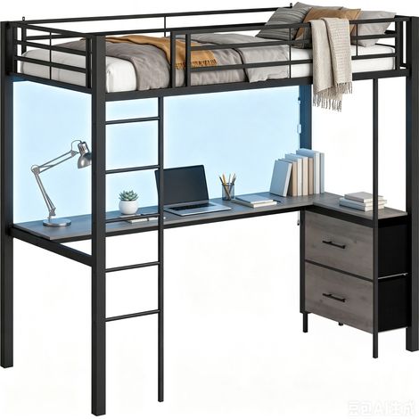 Metal Bunk Bed with Desk, High Sleeper with LED Light and Safety Guardrail (1/5)