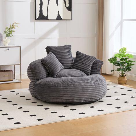 Fauteuil poire adulte, dossier haut, accoudoirs incurvés, assise moelleuse, velours côtelé gris foncé (1/5)