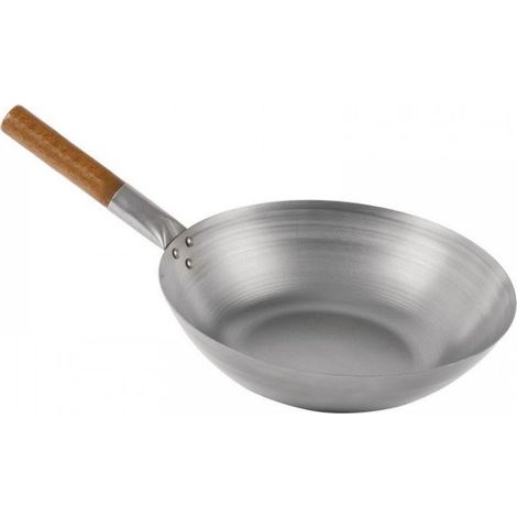 Wok en acier doux (Ø)330 mm à fond plat et manche en bois (1/2)