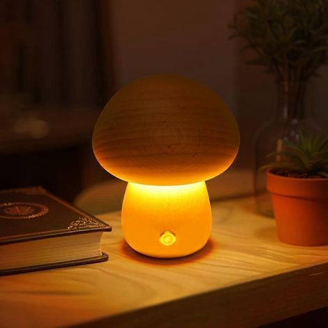 Pilzförmiges Nachtlicht, wiederaufladbar, mit Touch-Steuerung, Holzlampe für Kinderzimmer, warmes Umgebungslicht, 9,9 cm