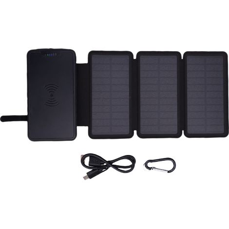 Ortviai Power Bank Solaire 20000 mAh avec Panneaux Solaires Triplés, Éclairage LED et Charge Sans Fil – Noir (1/5)