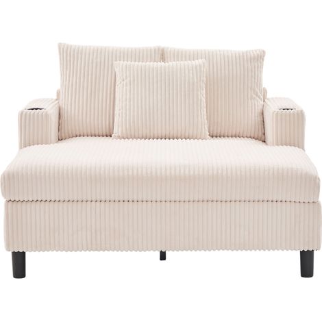 Sillón chaise longue ancho de pana beige con portavasos, puertos USB y luz LED ambiental HOMVRA (1/5)