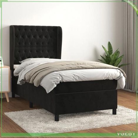 Sommier à lattes - FAF7291712409714 - 90x190 cm - Velours noir - Matelas 20 cm ressorts ensachés (1/5)