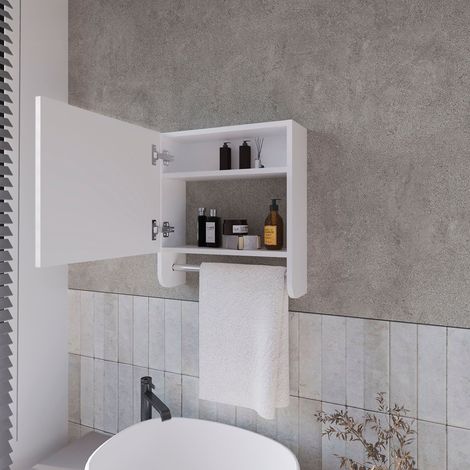 Pine armoire de toilette en mélamine avec miroir et barre porte-serviettes (1/5)