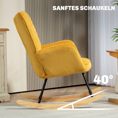 Fauteuil à bascule jaune en tissu effet bouclé, fauteuil rocking chair avec accoudoirs, dossier rembourré, structure acier et patins en bois, charge max 120 kg (1/5)