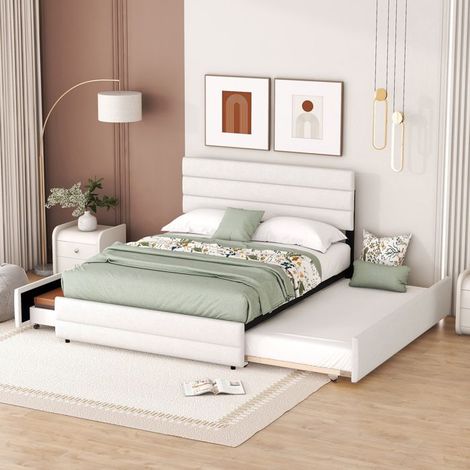 Doppelbett - Mieter - 140x200cm - Stauraumschubladen - Höhenverstellbares Kopfteil - Skandinavischer Stil