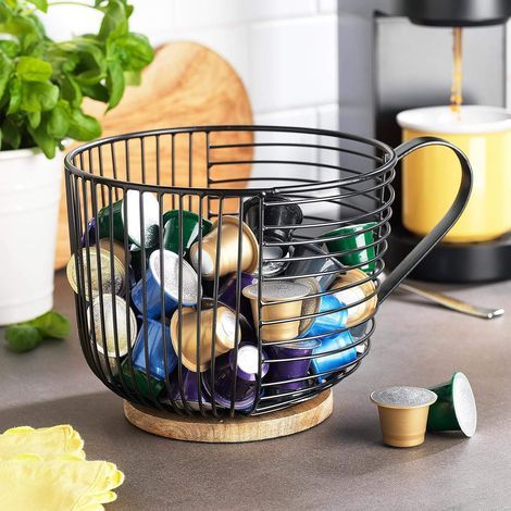 Kaffeekapselhalter – Großes Fassungsvermögen, aus schwarzem Draht, mit Holzsockel – Dekorativer und moderner Kaffeekorb für Küchenarbeitsplatten, ideal für Espressokapseln (1/5)