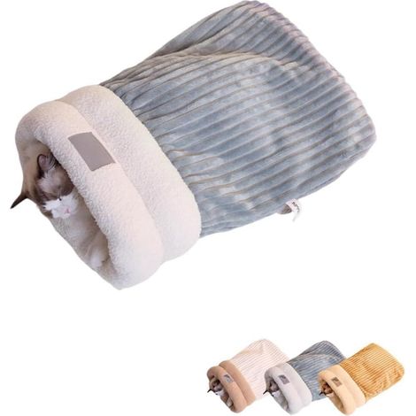 1 Sac de couchage pour chat, tissu coton doux, polaire agneau, intérieur hiver, gris M