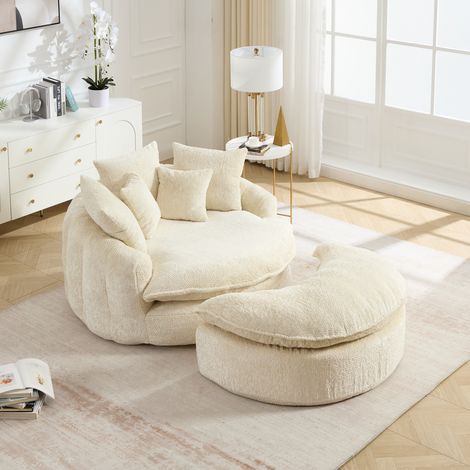 Canapé lounge XXL 1 place 190,5x138x63 cm chaise longue ronde en polyester assise profonde en mousse haute densité coussins, sans montage Beige (1/5)