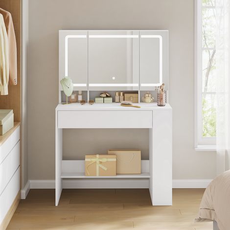 Coiffeuse Woltu avec éclairage LED réglable, Table de maquillage avec un grand tiroir, étagère latérale à 3 niveaux, 90x40x135 cm, Blanc (1/5)