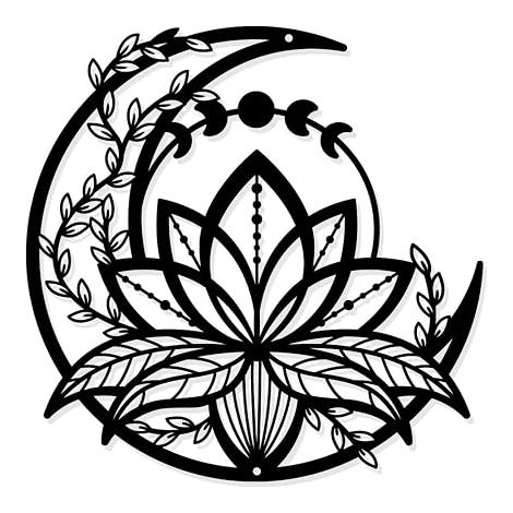 Moon Phase with Lotus Flower Metal Wall Decoration, Hanging Wall Decor Silhouette Wall Art for Home Garden Hotel Festival Decoration, 11.8×11.8 inch