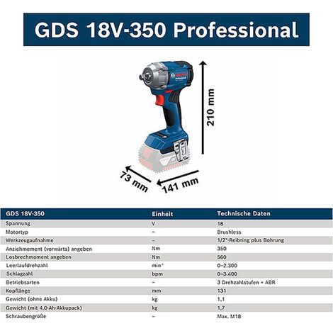 Visseuse à chocs sans fil Bosch GDS 18V-350, 18V, 1/2", 2x4.0 Ah et chargeur en L-BOXX (1/5)