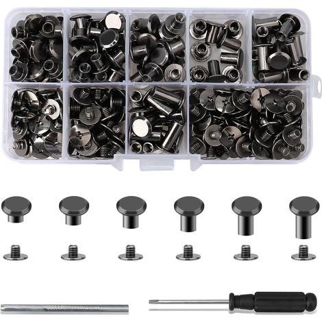 Lot de 110 Rivets en Cuir, Vis de reliure , Rivets de Reliure à Tête Plate vis de livre 4/5/6/8/10/12 mm, bouton pour la décoration du cuir DIY,sacs,travaux manuels,colliers,ceintures (1/2)