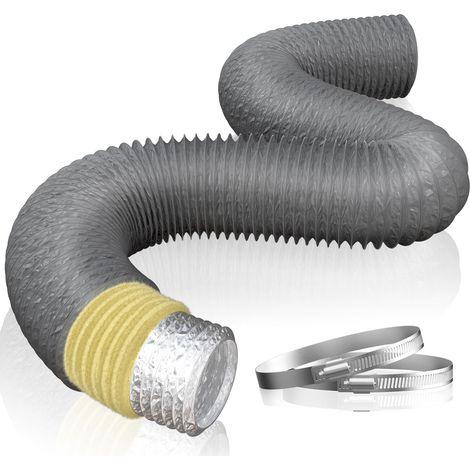 Tuyau d'évacuation d'air Ø 100 mm - Longueur : 5 m - Isolation thermique isolée - En aluminium - Tuyau flexible - Pour salle de bain, hotte aspirante, climatiseur, jardinière - Gris (1/5)