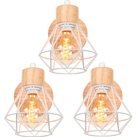 Industrial Retro Wall Lamp Wooden Metal Wall Light Cage Wall Sconce for Home Living Room Hallway White 3-pack