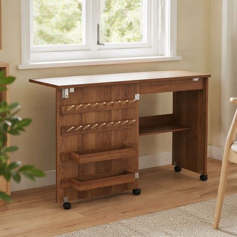 Table de Couture Pliante, Meuble Couture Roulant, Porte Magnétique de Grange, 2 Bacs, Étagère, 18 Chevilles, marron (1/5)