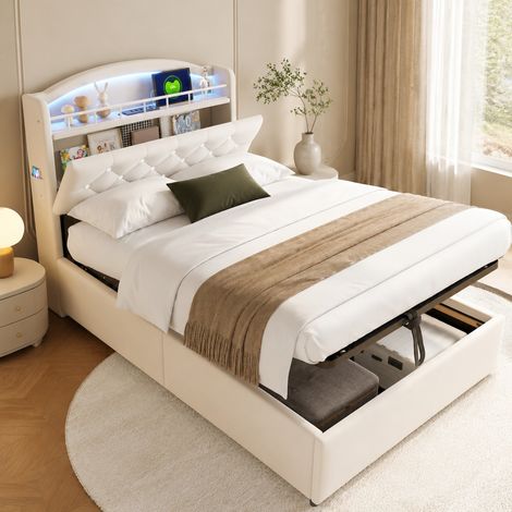 Cama infantil 90x200 cm con almacenaje, LED y USB, beige, madera y metal, sin colchón FloraGrace (1/5)