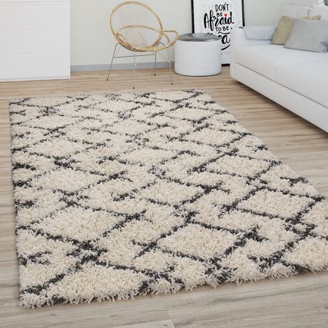 Paco Home Hochflor Teppich Wohnzimmer Shaggy Langflor Modernes Boho Skandi Rauten Muster 80 cm Rund, Creme Anthrazit 3