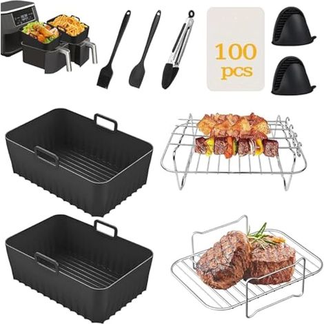 Esteopt Accessoires pour friteuse à air Ninja Lot de 10 : Tapis silicone, grilles doubles, 100 feuilles de cuisson et gants silicone, pour Ninja Dual AF300UK AF400UK, Noir