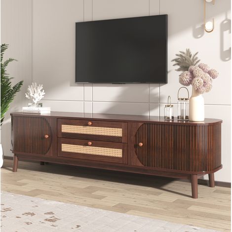 Meuble TV en MDF coloris naturel avec rotin, 170 x 39,5 x 46 cm, portes, tiroirs et rangement (1/5)