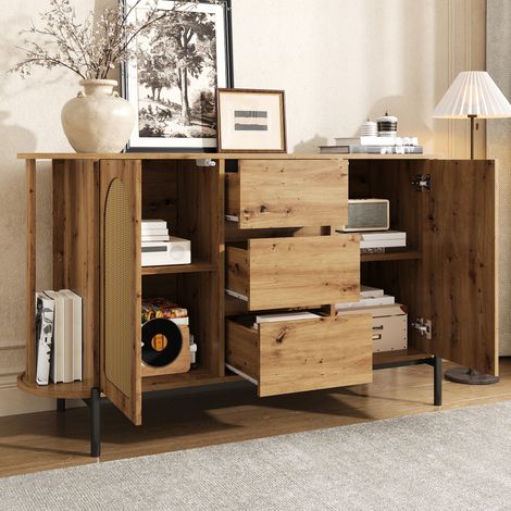 Buffet ovale rotin à portes coulissantes,compartiments ajustables,aspect bois pieds métalliques,rangement design polyvalent salon.
