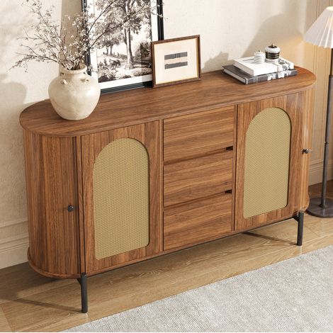 Ovale Kommode 140 x 38 x 77,5 cm aus MDF in Walnussoptik, Rattantüren, 3 Schubladen HAVRYA (1/5)