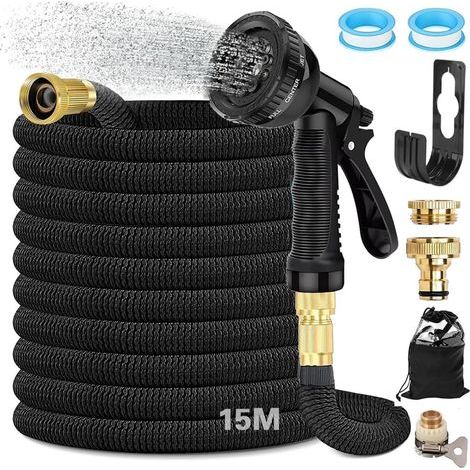 Tuyau Arrosage Extensible 15 m, Tuyau D'arrosage Flexible Avec Raccord en Laiton 3/4' et 1/2', Tête de Pulvérisation avec 8 Fonctions, avec Sac de Rangement, pour Jardin, Camping-Car (1/5)