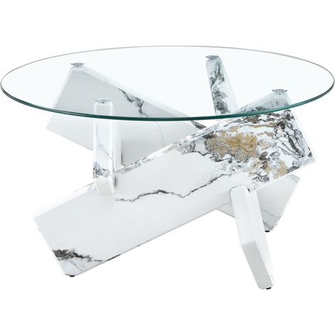 Table basse ronde en verre et MDF style marbre blanc, plateau trempé 79 cm, design croisé élégant pour salon moderne et coin lecture, facile à monter - CHICFURN (1/5)