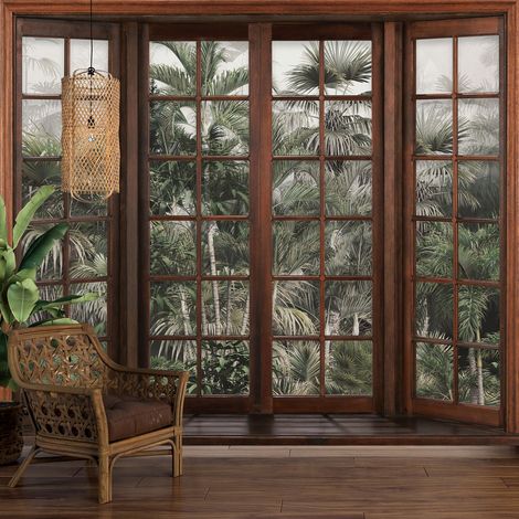 Papier peint panoramique Trompe l'oeil Fenêtre en bois - Forêt Tropicale - 130 cm x 104 cm (1/5)