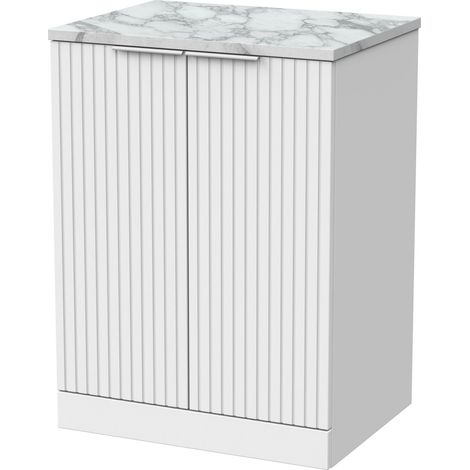 Callingwood Contemporary Floor Standing 2 Door Vanity Unit with Carrera Marble Laminate Worktop , 600mm, Matt White (1/4)