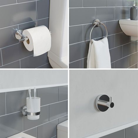 Bathroom Set Tumbler Robe Hook Towel Ring Toilet Roll Holder Chrome Wall Mounted (1/5)