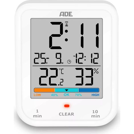 Reloj de baño con termómetro e higrómetro, 9 x 11,5 x 2,5 cm, blanco / ADE