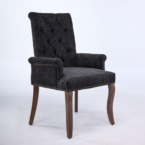 Chaise de salle à manger en chenille rembourrée pieds bois courbé. Style élégant avec accoudoirs pour cuisine et salle à manger,gris charbon. (1/5)