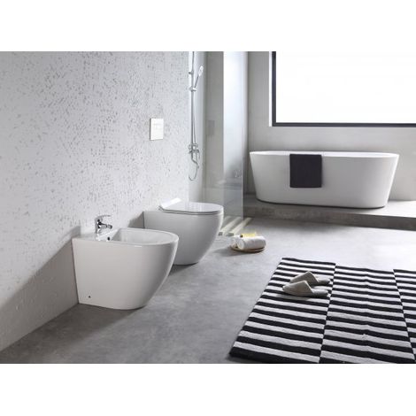 Sanitari a Terra Filo Muro Wc Bidet Copriwater Sof Close Bianco Bent Rimles