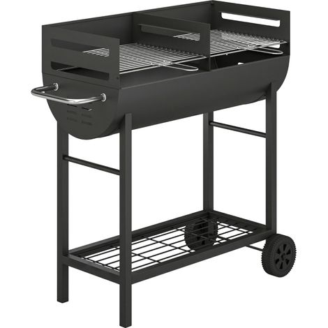 Gril à charbon de bois Barbecue chariot avec double foyer grille ajustable tablette en bois roues de déplacement, 103 x 46,5 x 100cm (1/5)