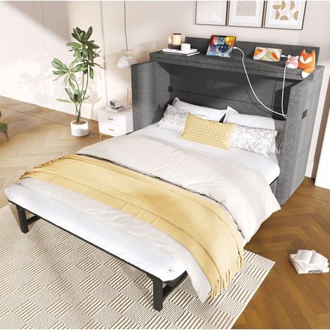 Lit escamotable 140x200 cm gris en lin avec tiroir, USB/Type-C et niche latérale (1/5)