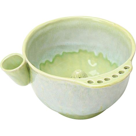 Bol à fruits en céramique artisanale, bol à baies auto-essorant avec trous de drainage, panier à fruits et légumes compact et rotatif à drainage rapide, grand modèle, vert lait. (1/5)