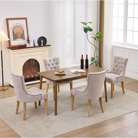 Chaise salle manger en tissu beige bois massif OKMYHOME (1/5)