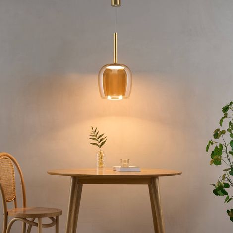 Elegante goldene LED-Glockenpendelleuchte mit Bernsteinglas - Eriska (1/5)