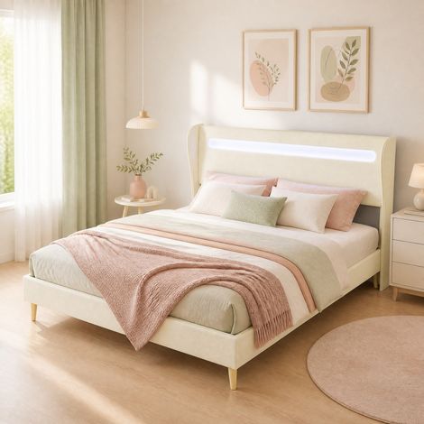 Letto matrimoniale 160x200 cm beige con testiera LED, tessuto e metallo, senza materasso (1/5)