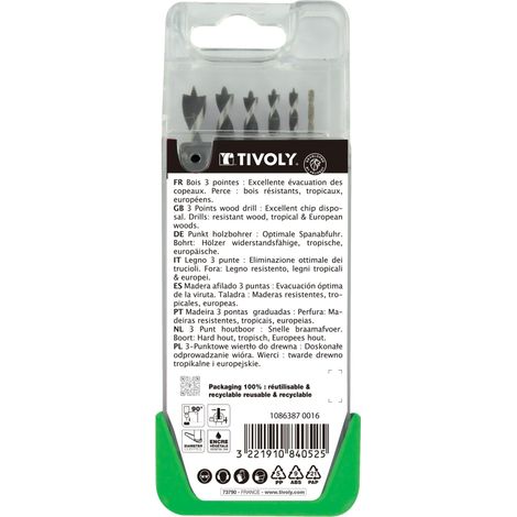 Tivoly • Confezione da 6 punte per legno con 3 punte graduate SLR Ø da 2 a 8 mm