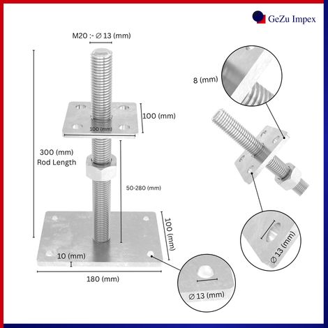 Support de poteau réglables à écrou libre 100 x 100 mm 50–280 mm – Galvanisé électrolytique – Socle surélevé – GeZu Impex